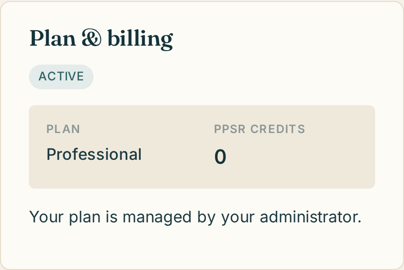 The Plan and billing panel on the account page, showing the current plan and PPSR credit balance