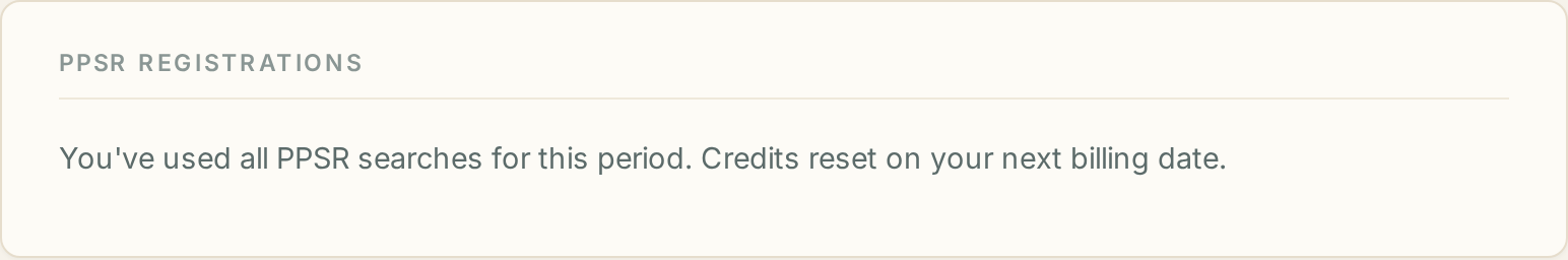 The PPSR Registrations card on a company profile, showing credits remaining before a search is run